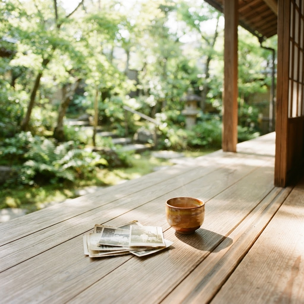 夏のお寺の縁側に置かれた古い家族写真とお茶